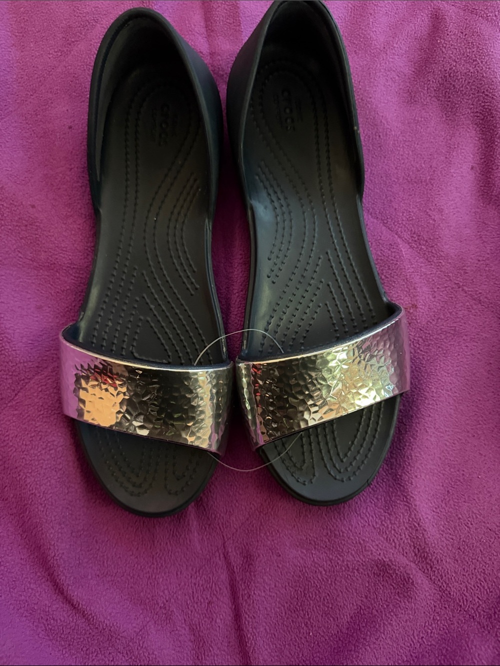 CROCS Women's Black Slides with Iridescent Hammered Strap